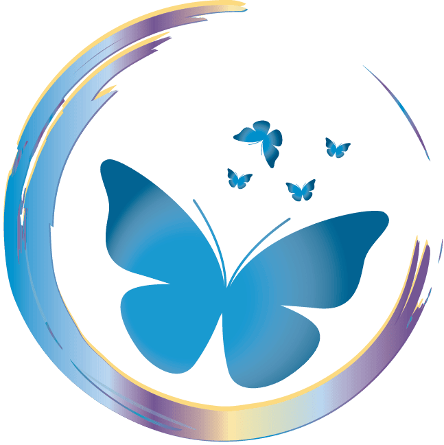 Blue butterfly with smaller butterflies inside a circular rainbow-colored design.