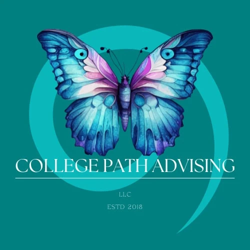Colorful blue and purple butterfly with text 'College Path Advising' and 'ESTD 2018'.