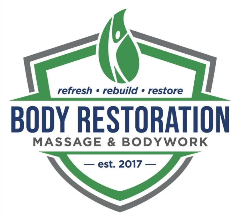 Body Restoration logo with green flame and shield design.