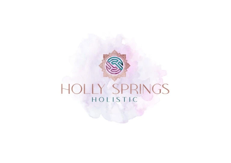 Holly Springs Holistic logo with a circular emblem and watercolor background.