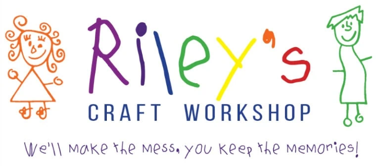 Colorful hand-drawn logo with a girl and boy, 'Riley's Craft Workshop' text.