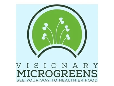 Logo with green circle and white plant inside, 'VISIONARY MICROGREENS' text below.