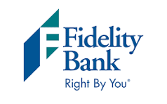 Fidelity Bank logo with blue and teal geometric design and slogan.