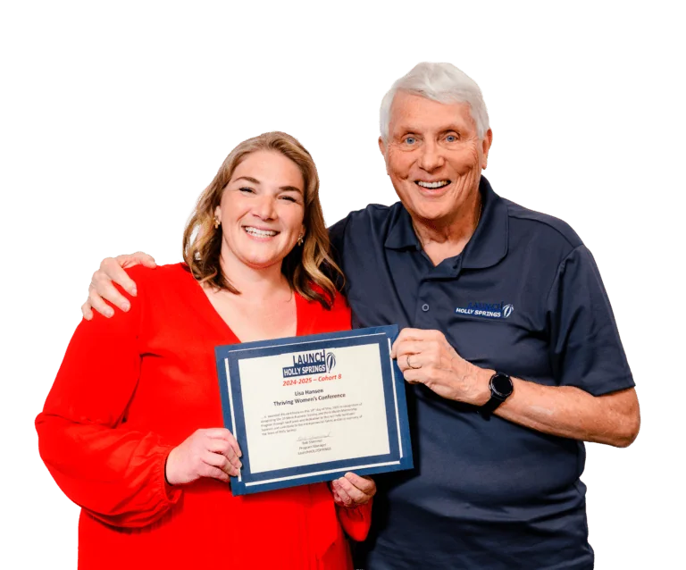 Two smiling people holding a certificate, one young woman and one older man.